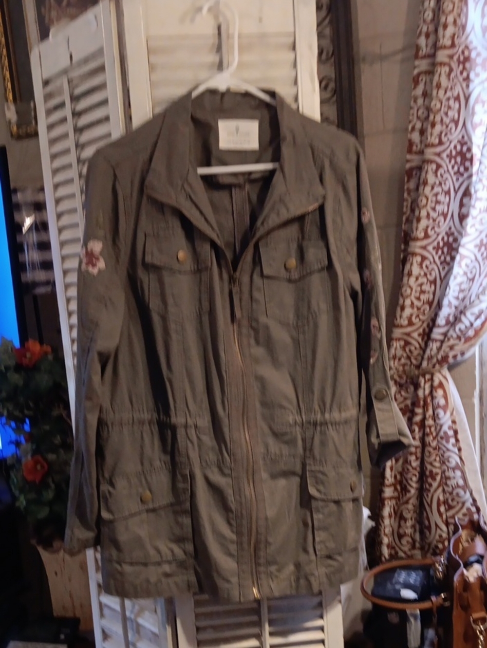 Embroidered Olive Utility Jacket with Drawstring Waist - Women